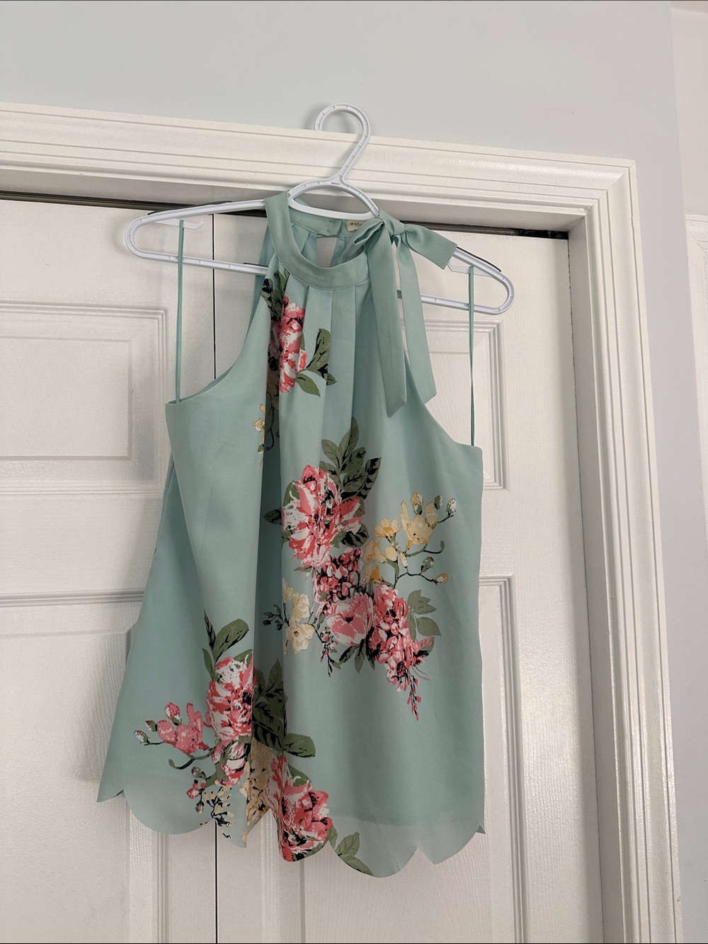 Maison Jules Mint-Sage Floral Tie-Neck Halter Top